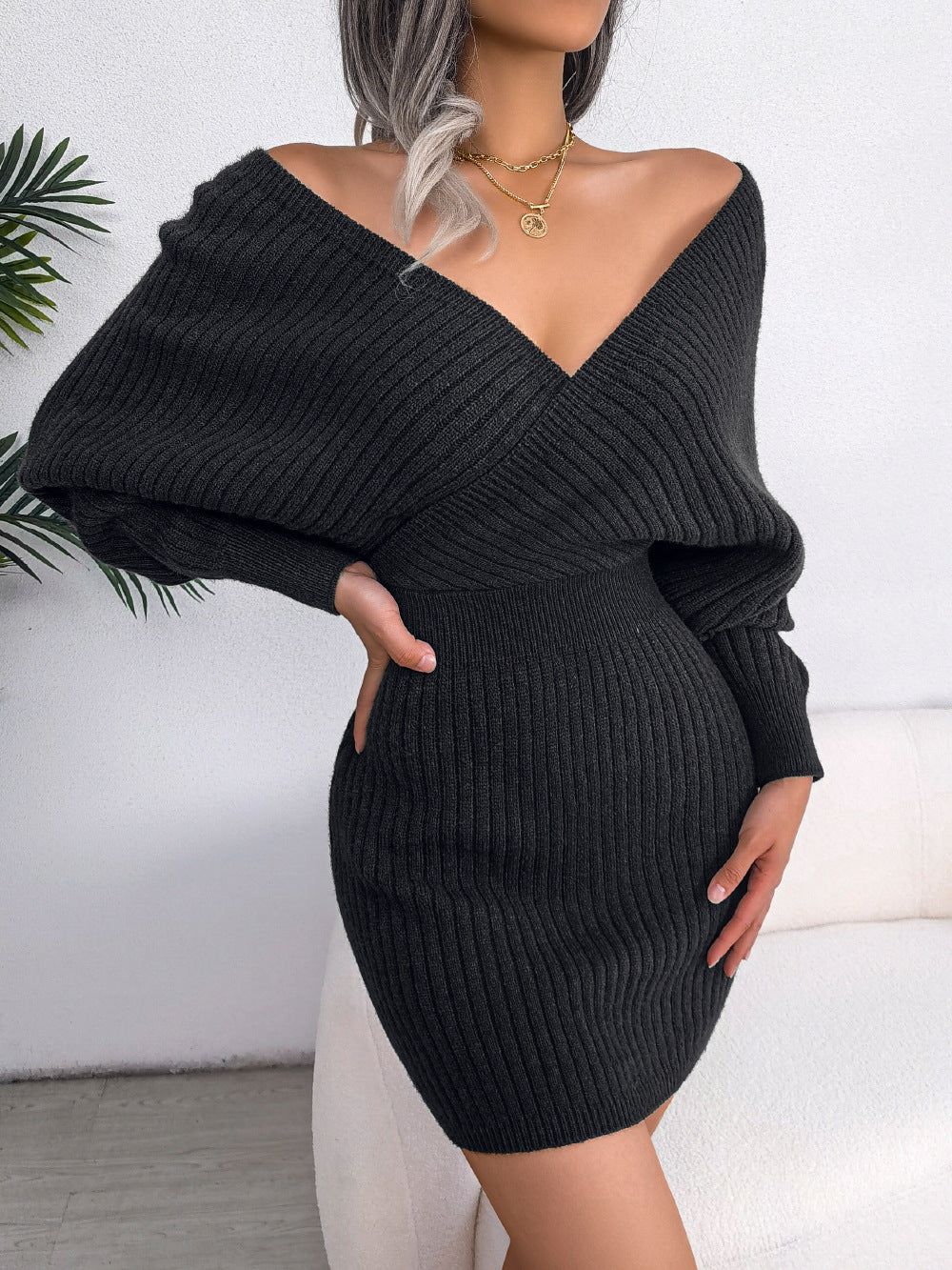 Sweater Dresses Formal Deep V Neck Mini Dress Batwing Long Sleeve Knitted Winter Dresses