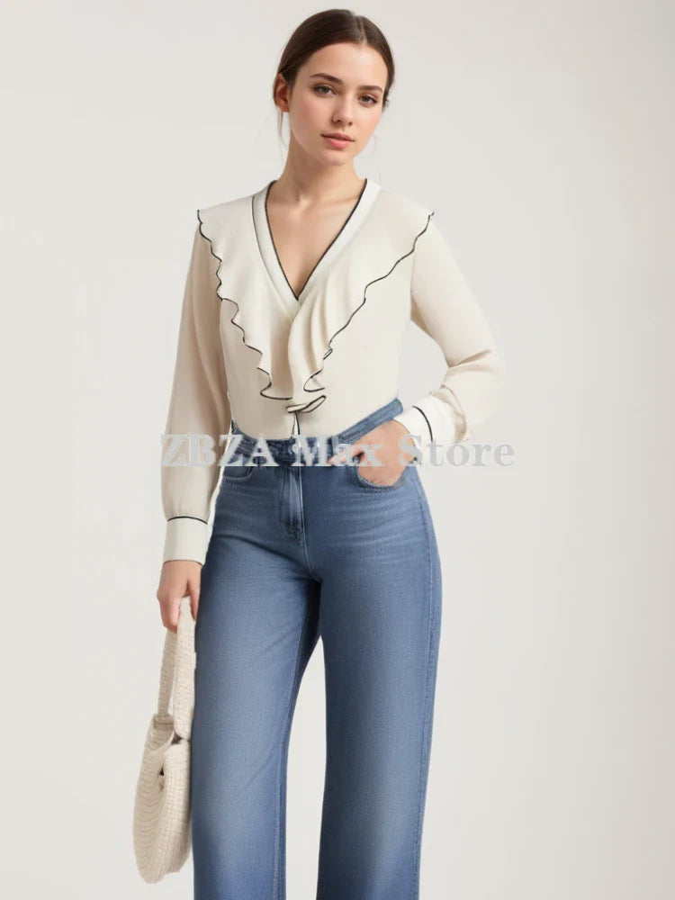 Women's Contrast Pleated Ruffle V-neck Long Sleeve Blouse