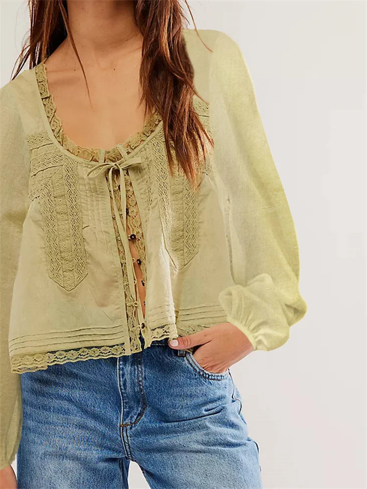 Long Sleeve Loose Casual Lace Patchwork Blouse