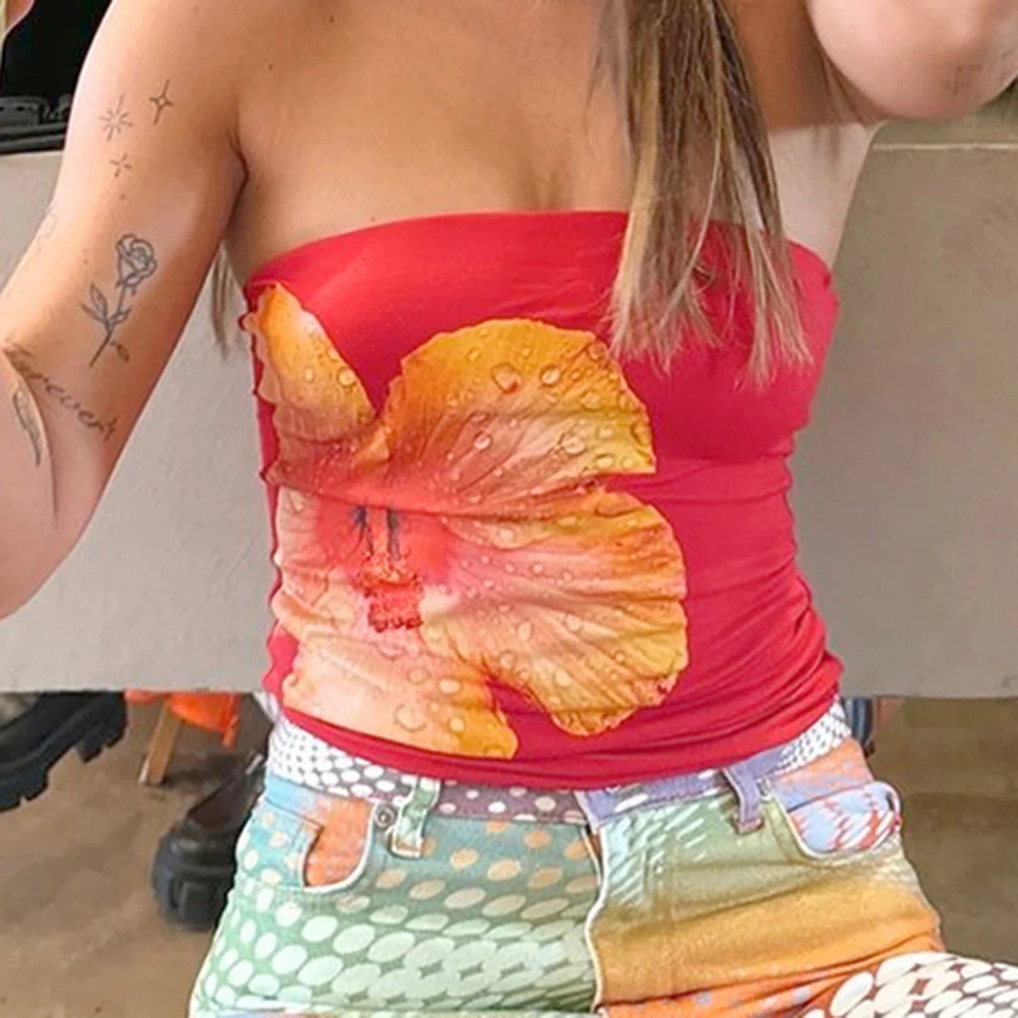 Flower Print Slim Fit Strapless