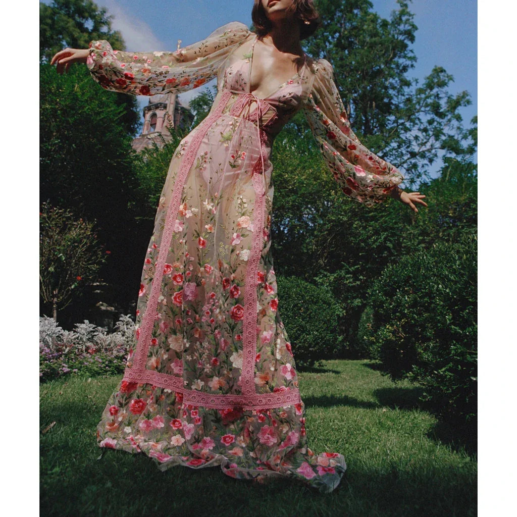 Sheer Lace Embroidery Floral Dress