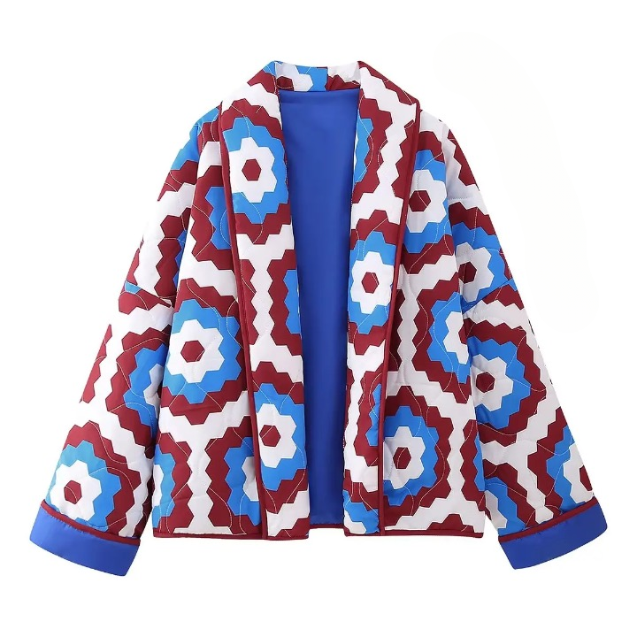 Taylee Geometric Retro Flower Print Quilted Blanket Half Coat