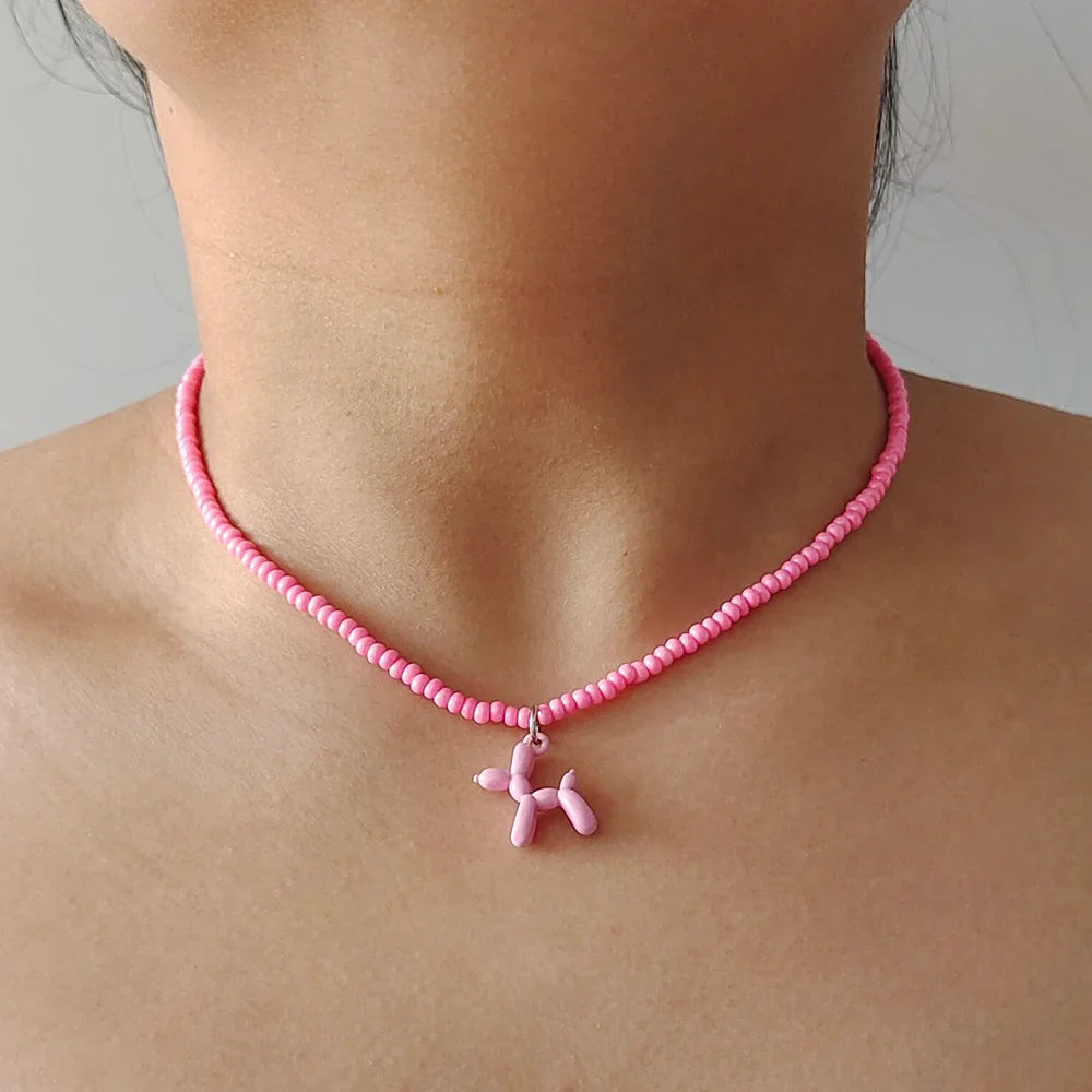 Colorful Poodle Pendant Beads Choker Necklace