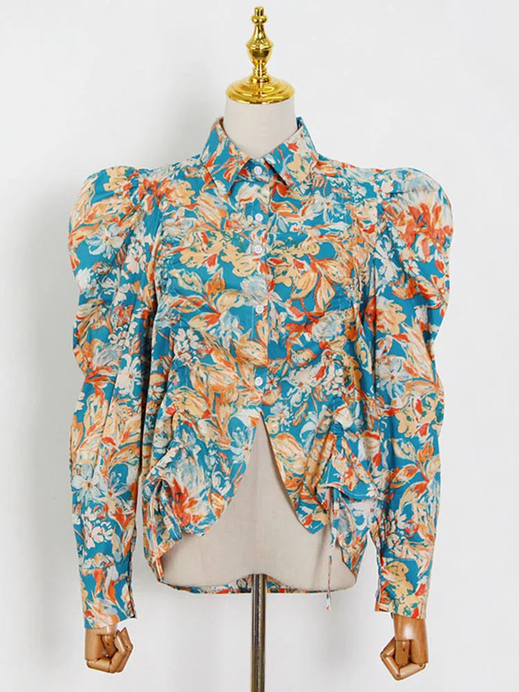 Carolina Spring Floral Puff Sleeve Shirring Blouse
