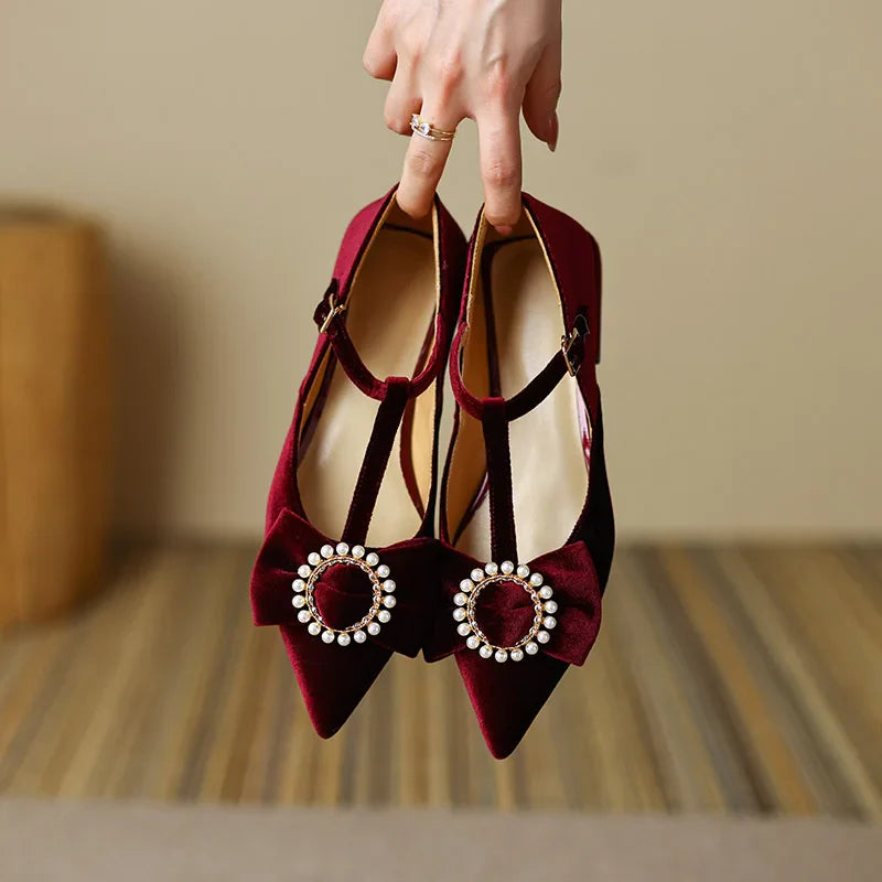 Sine Pearl Buckle Bow Velvet Mary Jane Flats