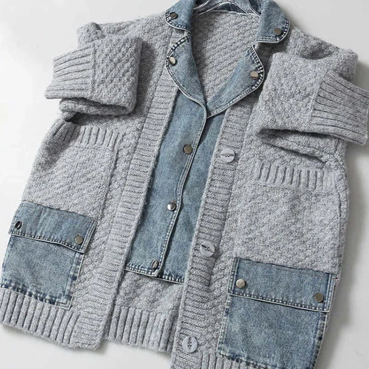 Yuke Denim Shirt Patchwork Grey Cardigan Jacket