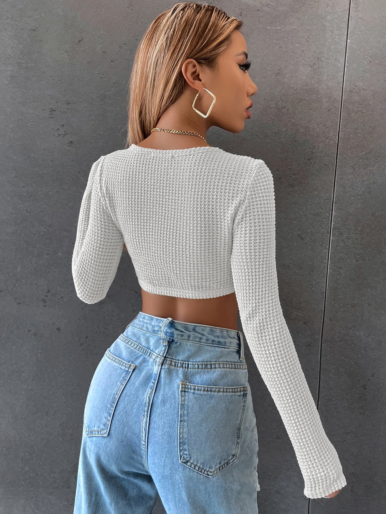 Long Sleeve Square Neck Knitted Crop Top Y2k T Shirts