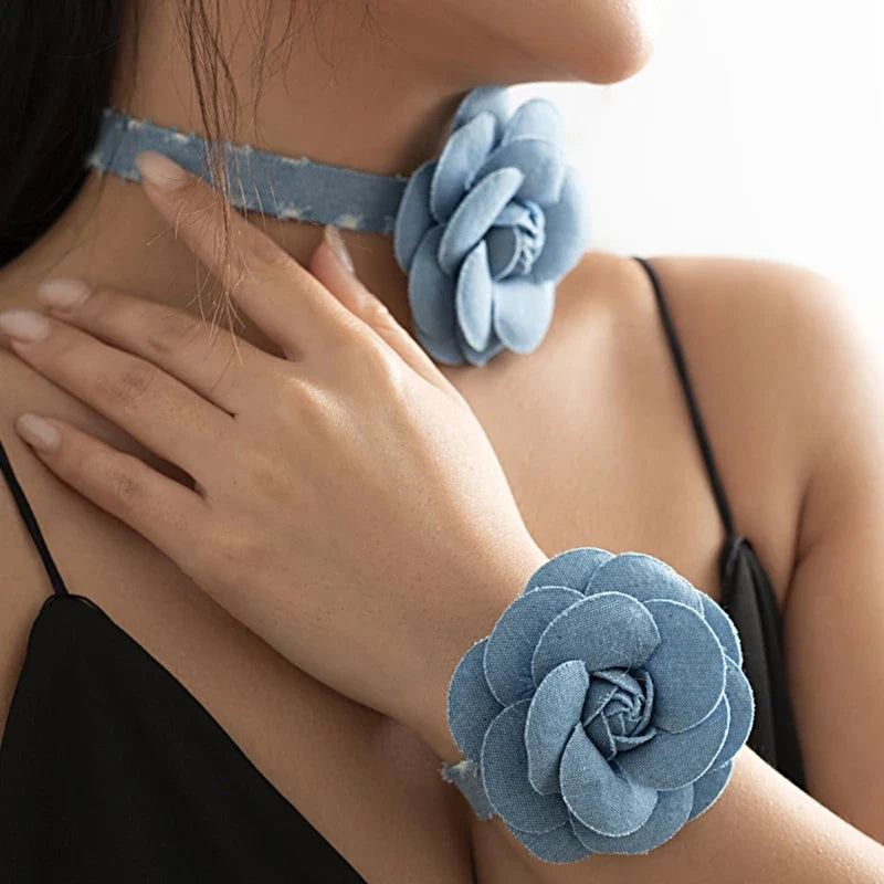 Denim Rose Corsage Choker Necklaces