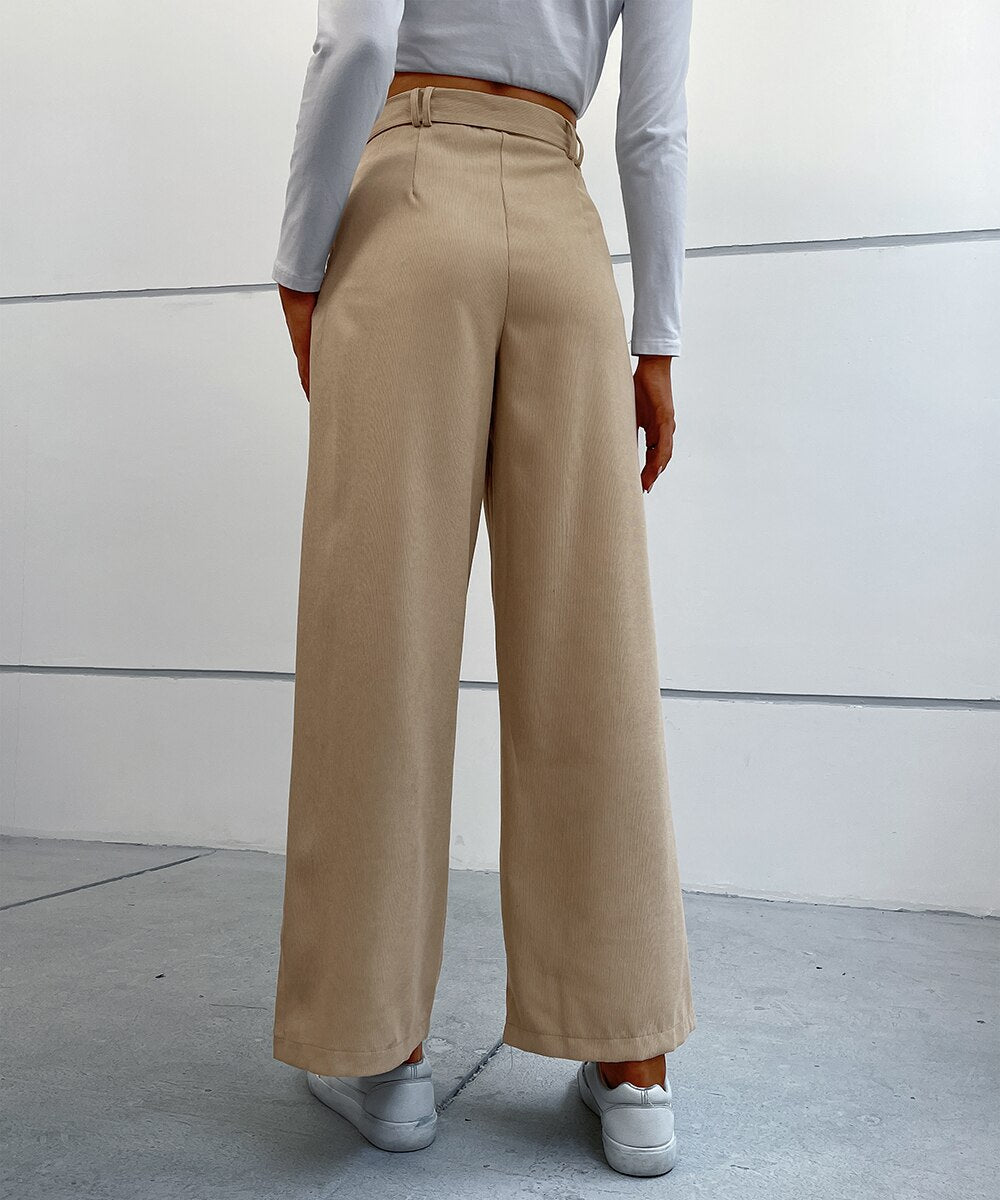 Solid Corduroy Belted Wide Leg Pants