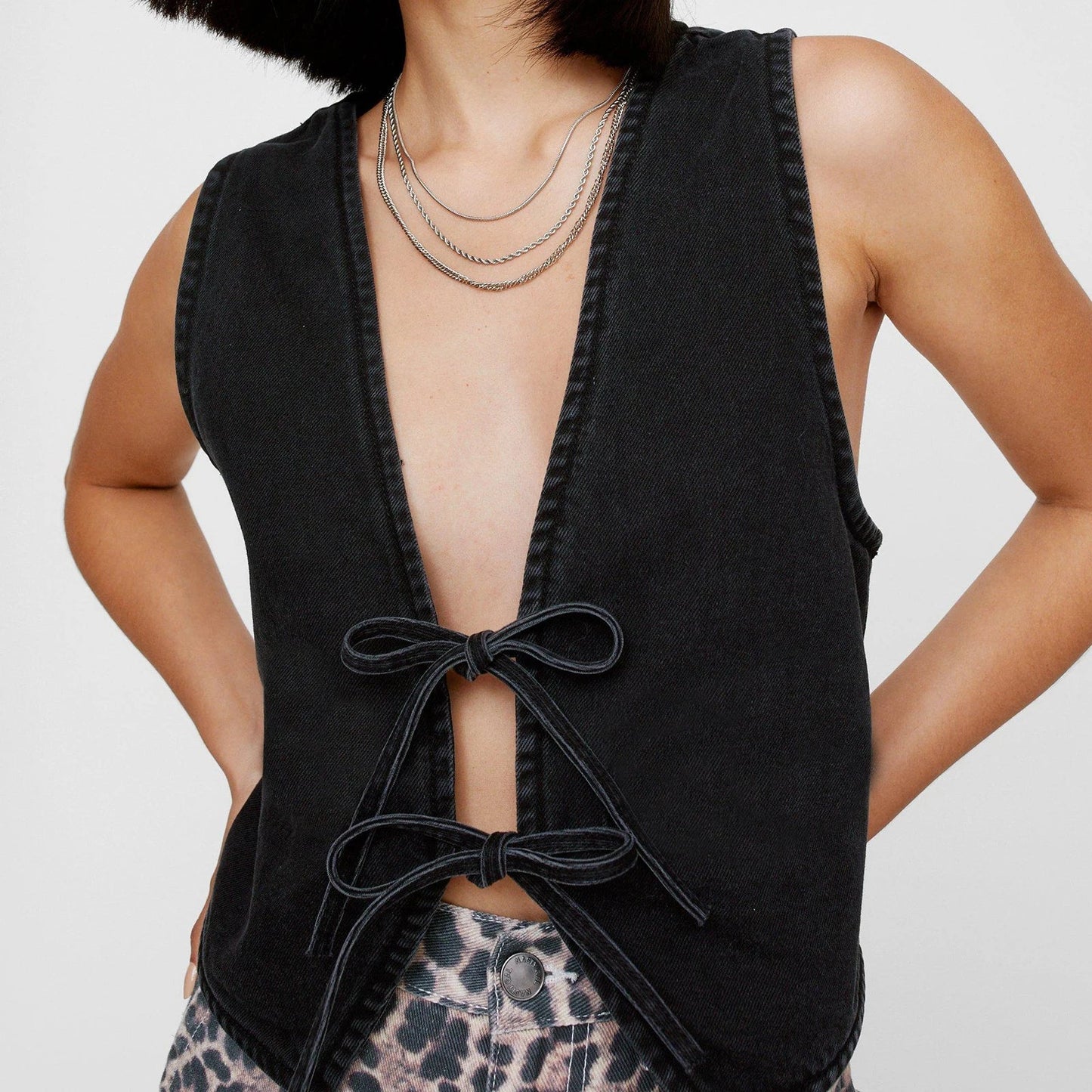 Vintage Denim Halter Tie-Up V-Neck Waistcoat Cami Top