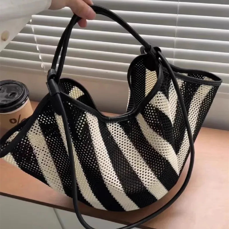 Josia Black & White Stripe Straw Tote Bag