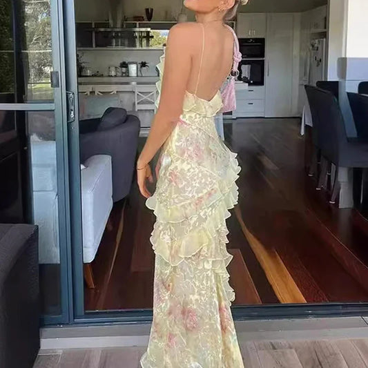 V Neck Ruffled Slim Suspender Floral Dress