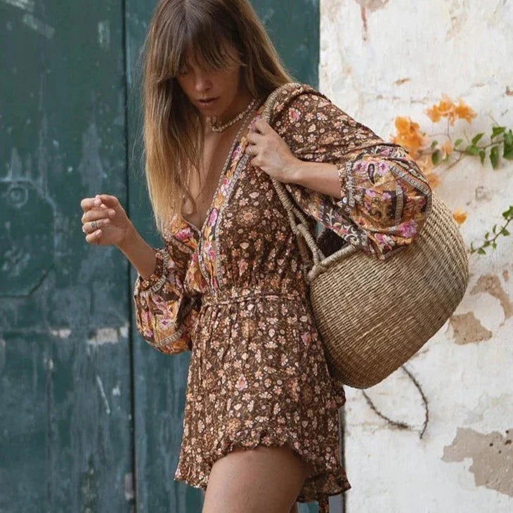 Bodil Bohemian Vintage Brown Floral Romper
