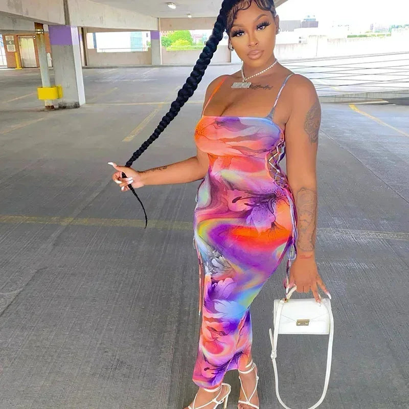 European Style Strap V Neck Midi Dress