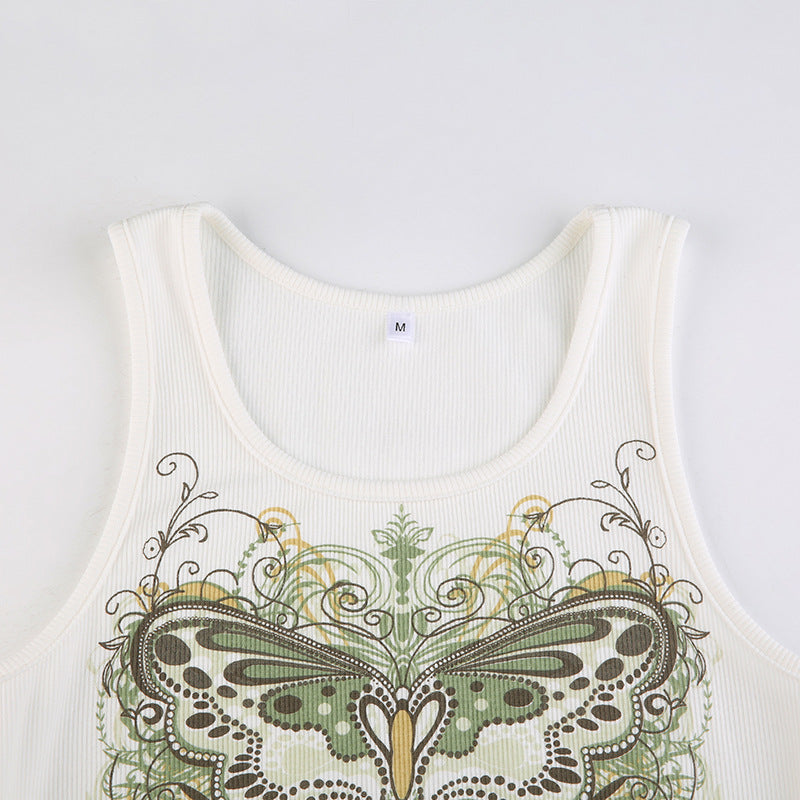 Slim Knitted Vest White Sleeveless O Neck Butterfly Vintage Print Tank Crop Tops