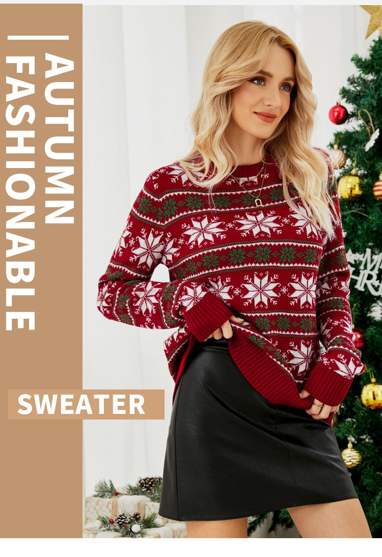 Christmas Long Sleeve Snowflake Round Neck Print Sweater Thick Knit Jumper Warm Sweater