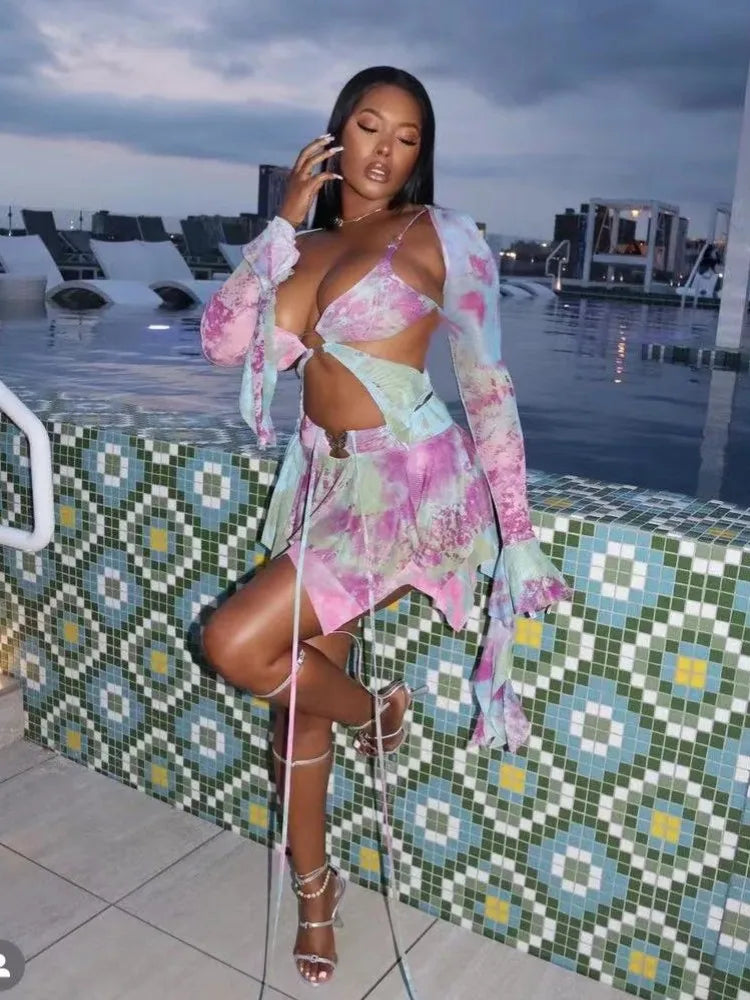 Tie Dye Irregular Butterfly Crop Skirt Streetwear Two Piece Skirt Set