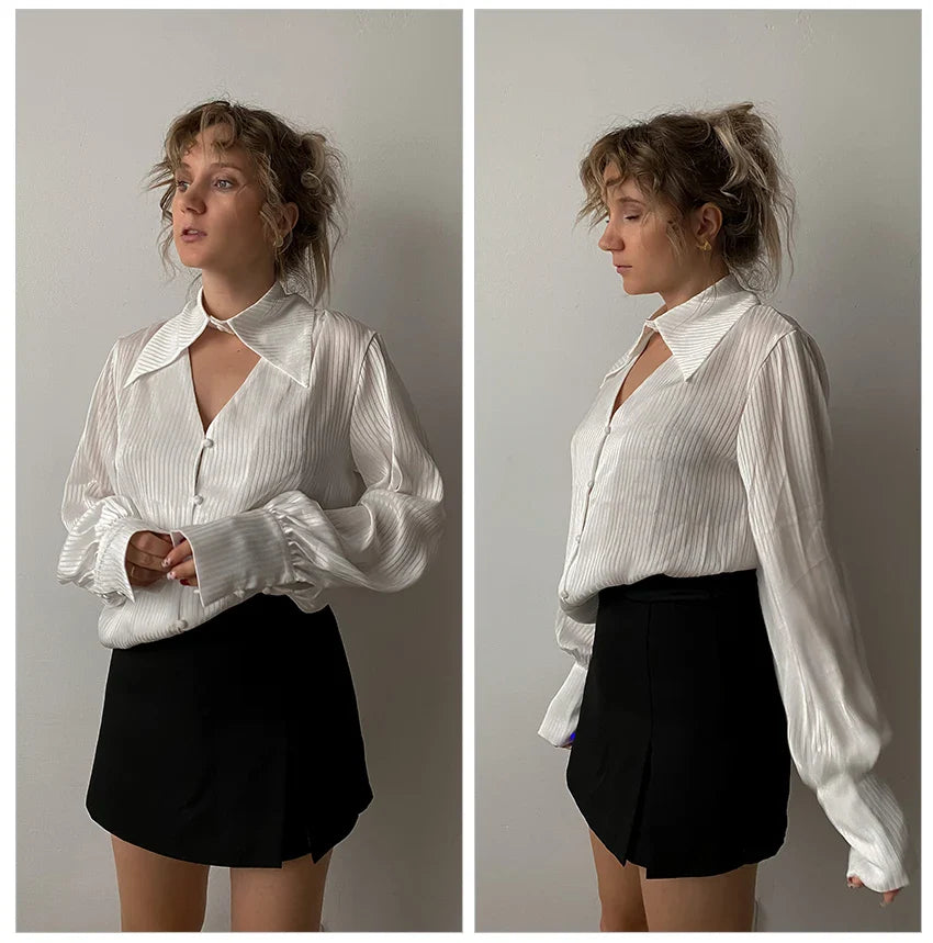 Millie Pinstripe Detachable Collar Satin Blouse