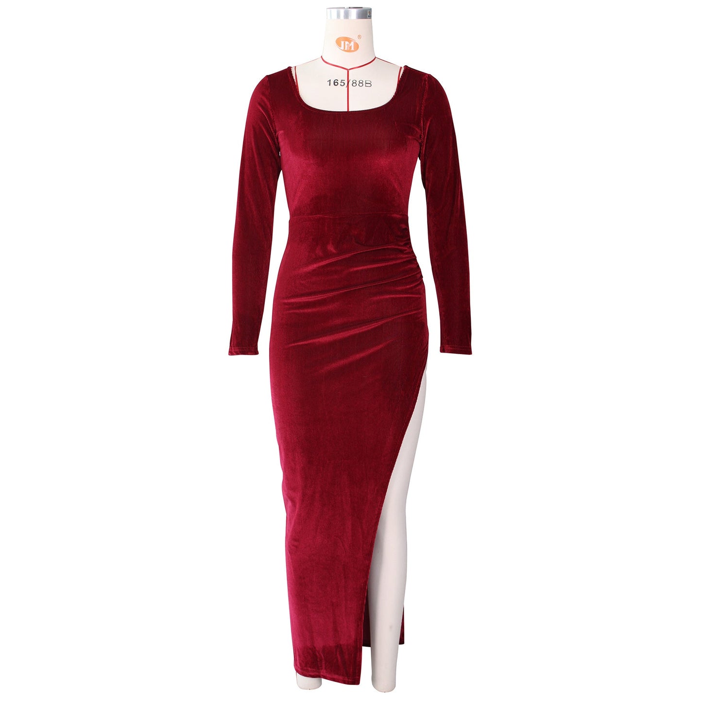 Elegant Velvet High Waist Slit Maxi Dress Long Sleeve Evening Party Dress