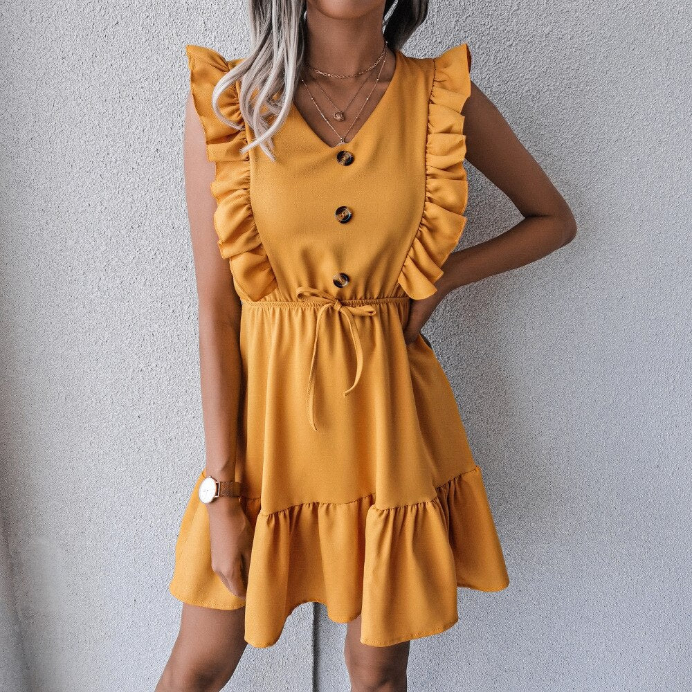 V Neck Ruffled Single Breasted Dress