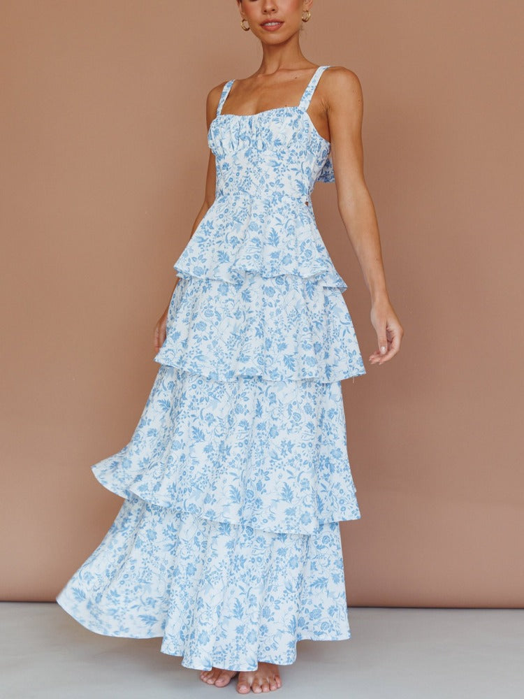 Provence Bloom Tiered Maxi Dress - Floral Blue
