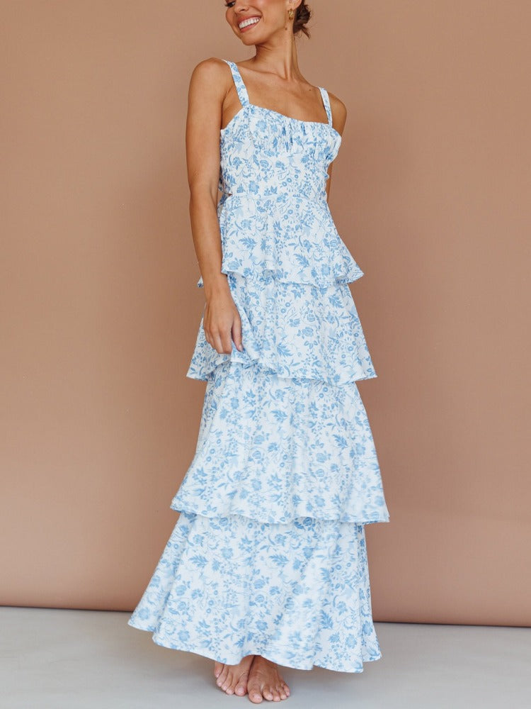 Provence Bloom Tiered Maxi Dress - Floral Blue