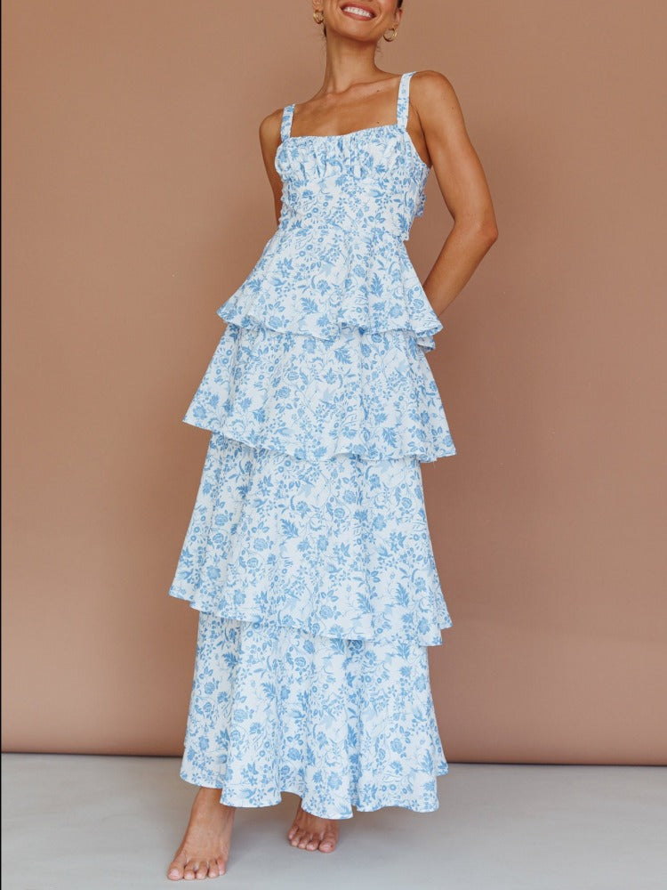 Provence Bloom Tiered Maxi Dress - Floral Blue