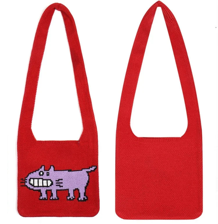 Cartoon Dog Intarsia Knit Bag