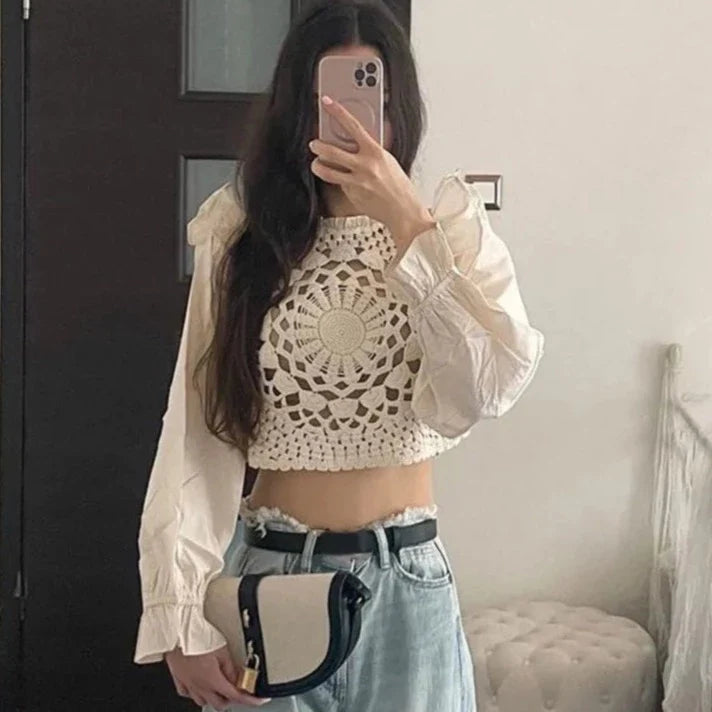 Zelda Crochet Patchwork Ruffle Blouse