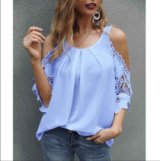 Off Shoulder Lace Blouse Summer Tops White Black Blouses O-Neck Solid Loose 5XL Clothes