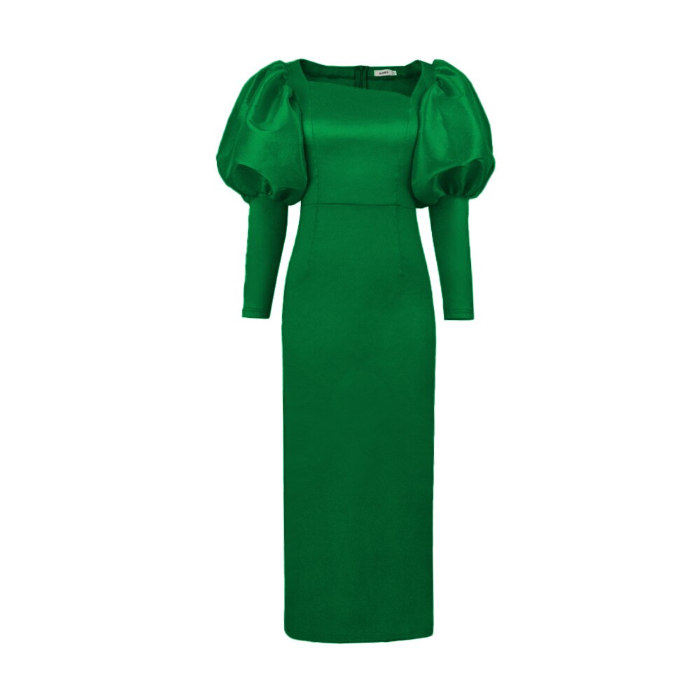 Green Long Dresses Square Collar Lantern Sleeve Evening Party Gowns