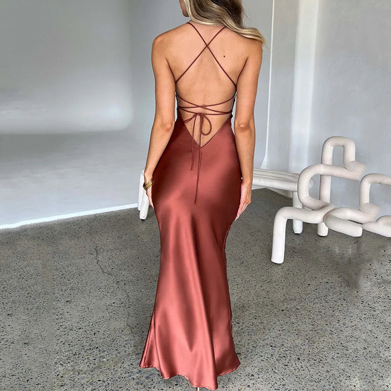 Satin Lace-up Mermaid Maxi Dress