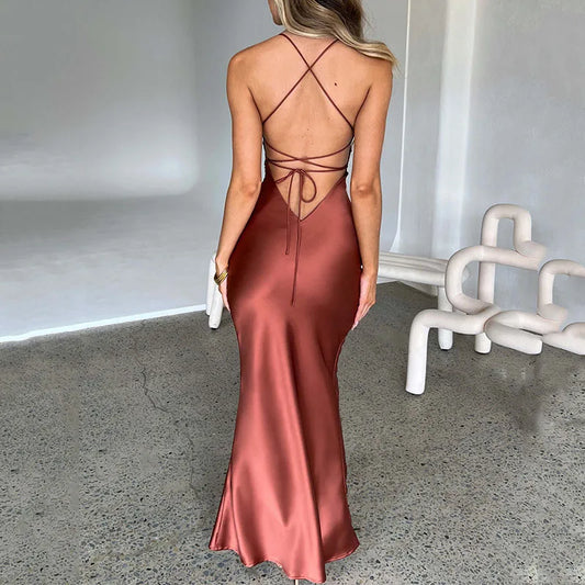 Satin Lace-up Mermaid Maxi Dress