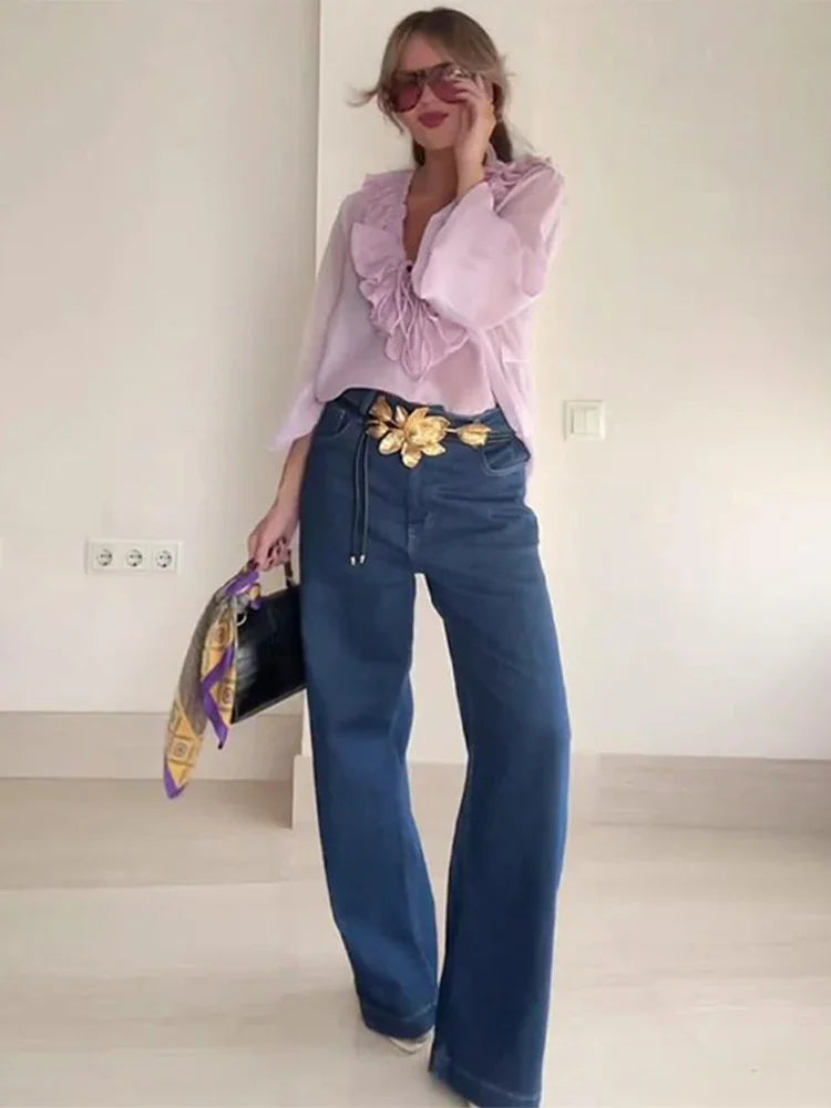 Ruffles Lace Up White V-neck Flared Blouse