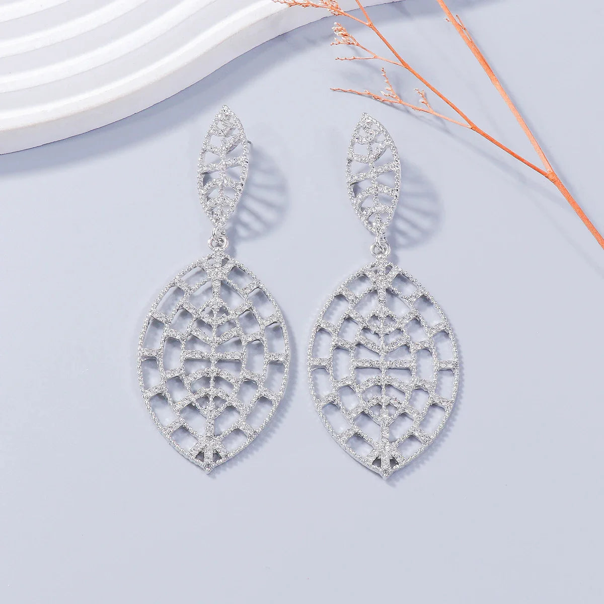 Crystal Leaf Web Drop Earrings