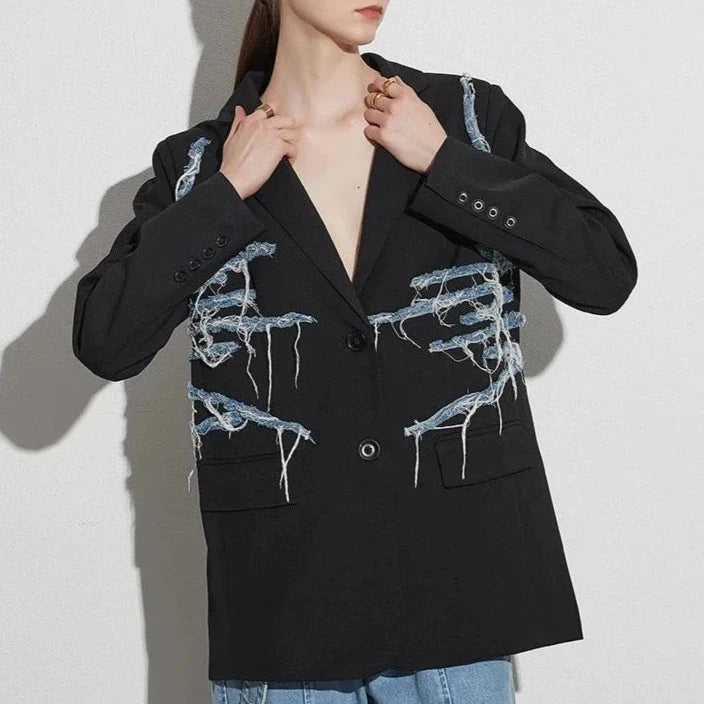 Fillipa Frayed Denim Line Patchwork Blazer
