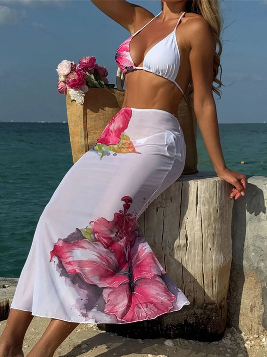 Flowers Skirt Halter Bather Three Piece Swim Sets