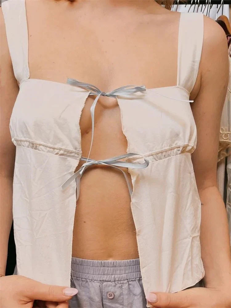 Front Split Lace-up Sleeveless Strap Square Neck Solid Color Causal Slim Fit Y2K Vest Crop Top