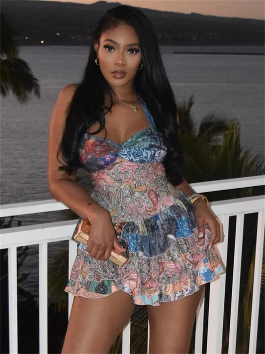 Ruched Ruffle Colorful Halter Mini Dress