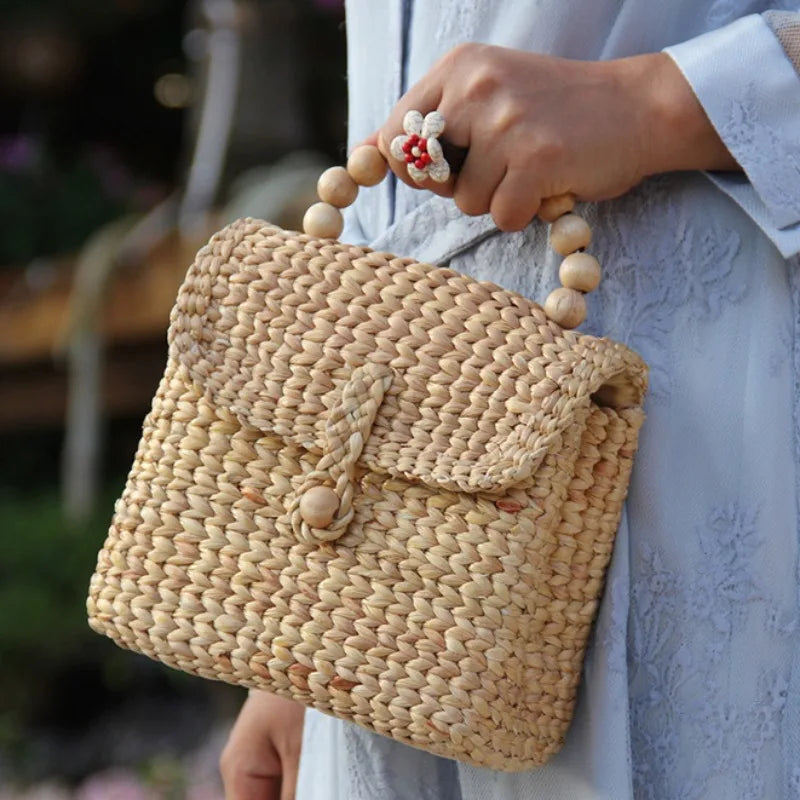 Cahya Wooden Bead Handle Straw Handbag