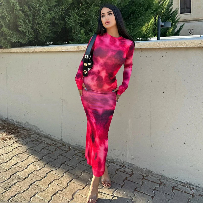 Tie Dye Long Sleeve Wrap Midi Dress