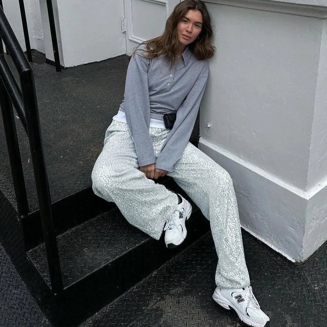 Shona Metallic Sequin Wide Leg Pants