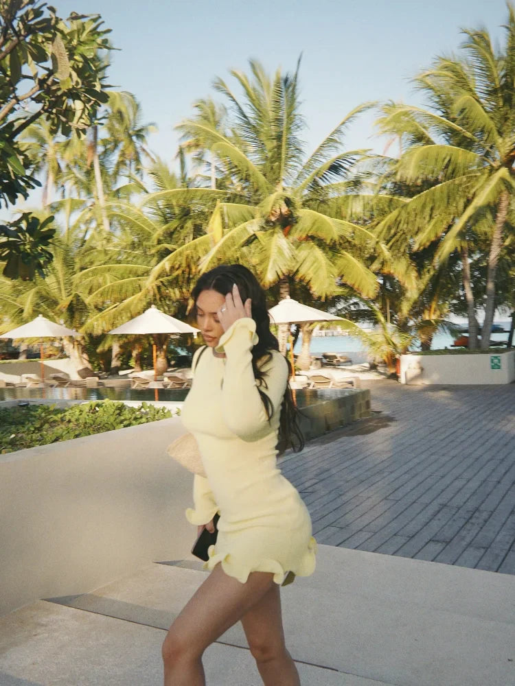 Ruffle Hem High Waist Long Sleeve Mini Dress