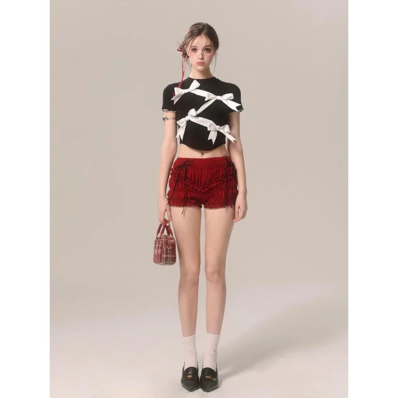 Bow Decoration Black Slim T-shirt