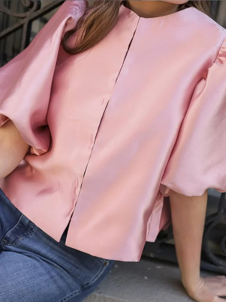 Satin Lantern Sleeve Ruffle Blouse