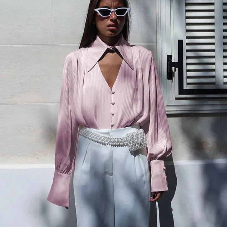 Millie Pinstripe Detachable Collar Satin Blouse