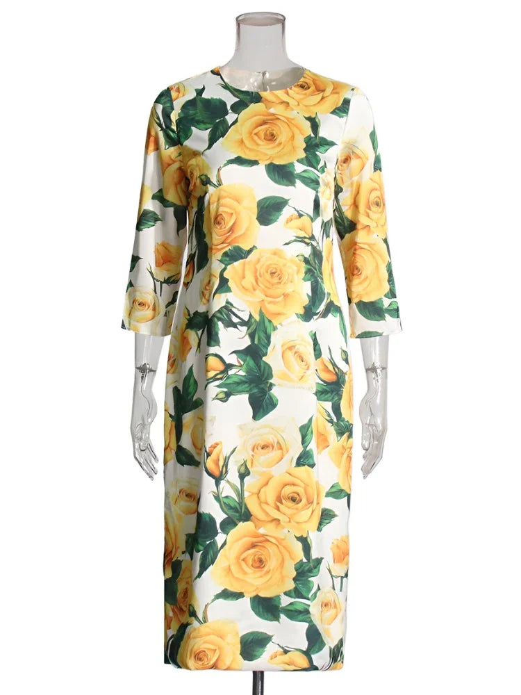 Simone Yellow Rose Floral Retro Dress