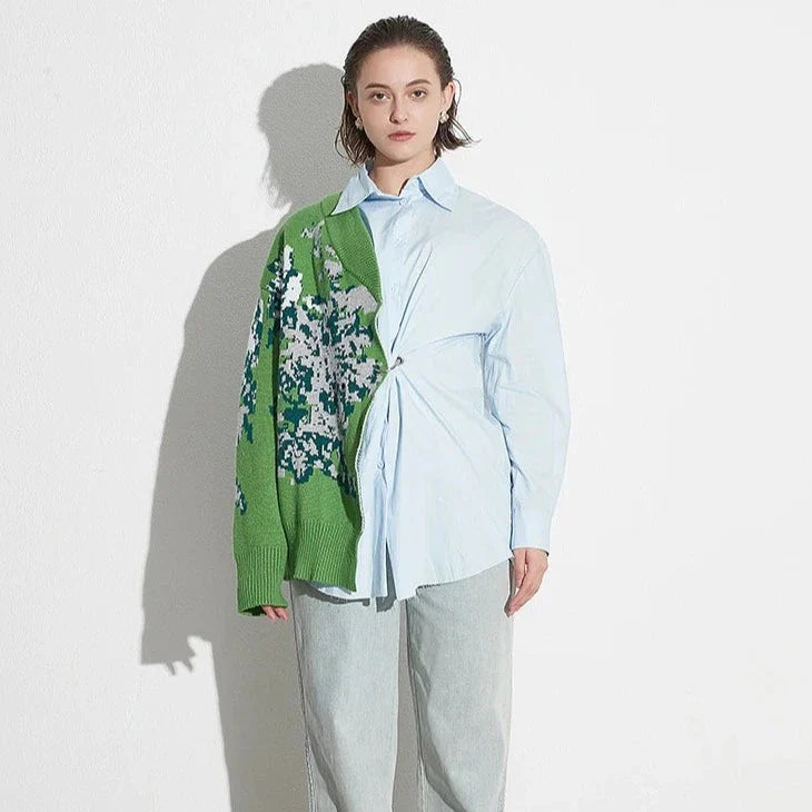 Cassia Patchwork Knit and Shirt Blouse