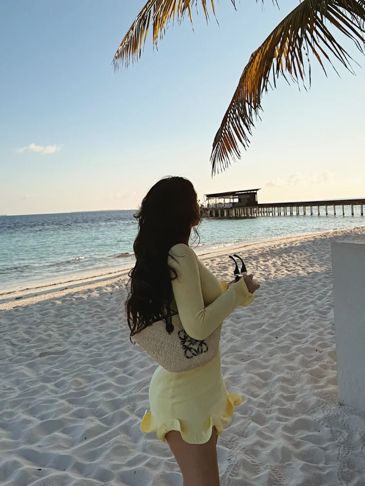 Ruffle Hem High Waist Long Sleeve Mini Dress