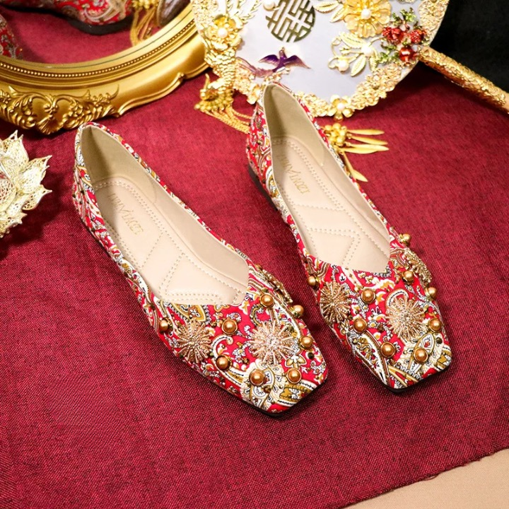 Meera Luxe Royal Red Prints Ballet Flats